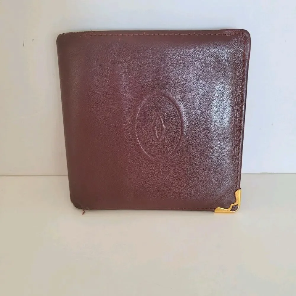 Cartier Men's Vintage Bifold Leather Bordeaux Red Wallet Medium Retro Card‎ Fair